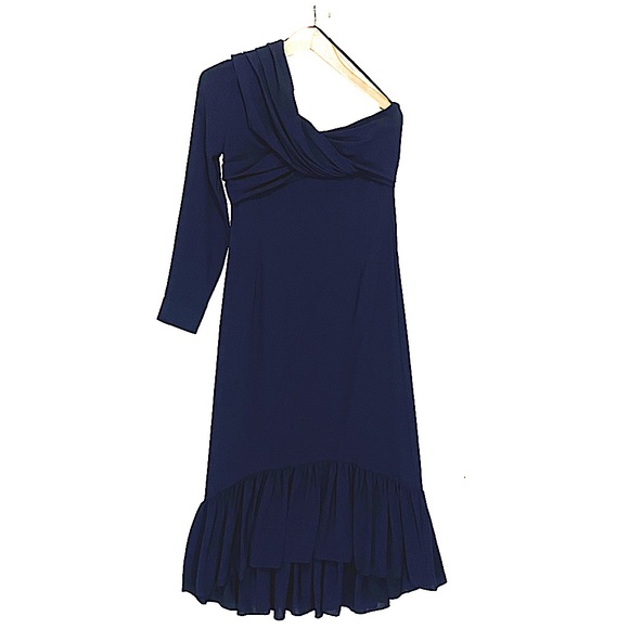 ROKH Women’s One Shoulder Midi Sheath Dress Ruffle Hem Navy Blue Size FR 40 - Picture 7 of 7